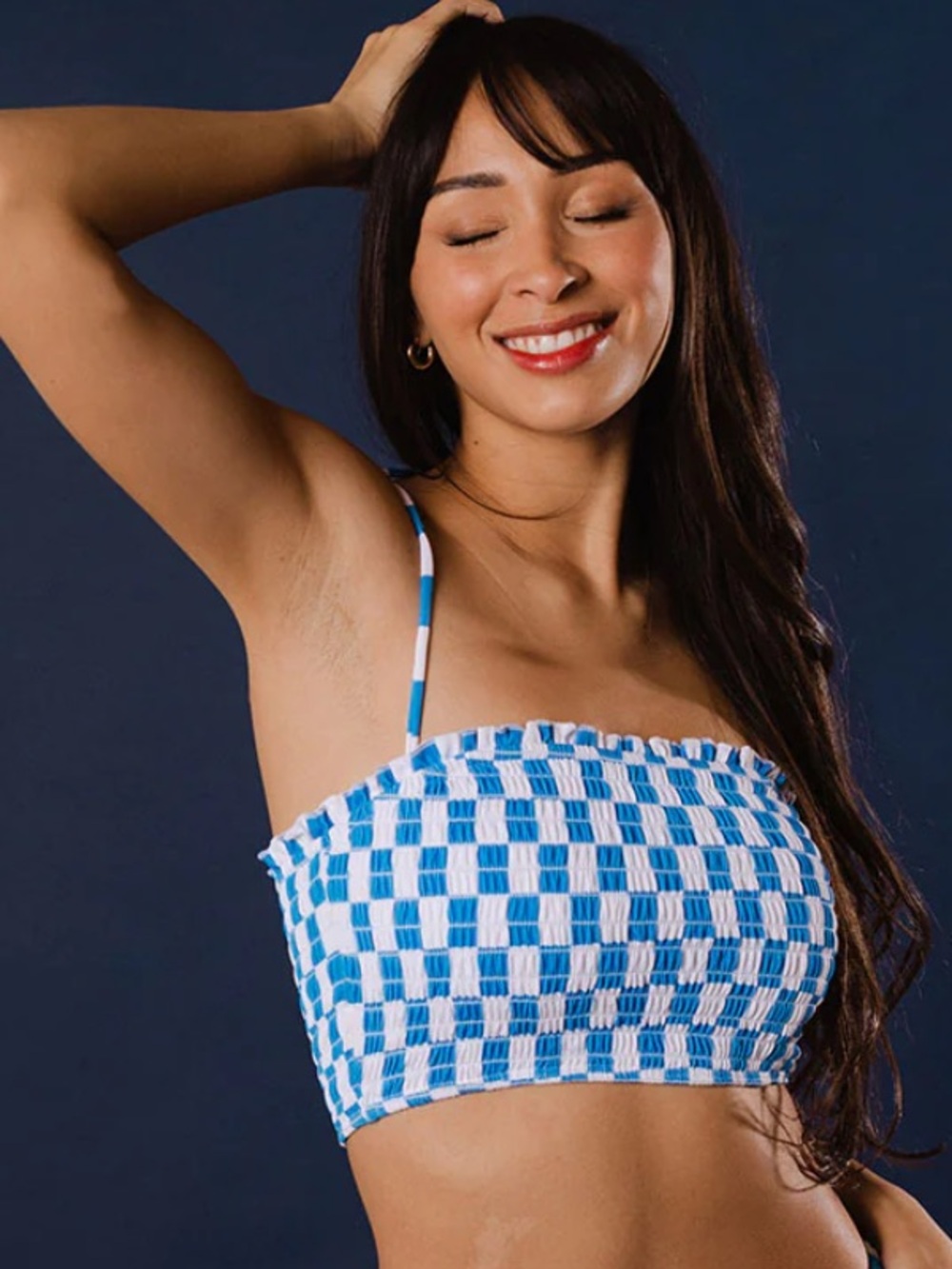 Albion Fit Checked Blue Smocked Crop Top